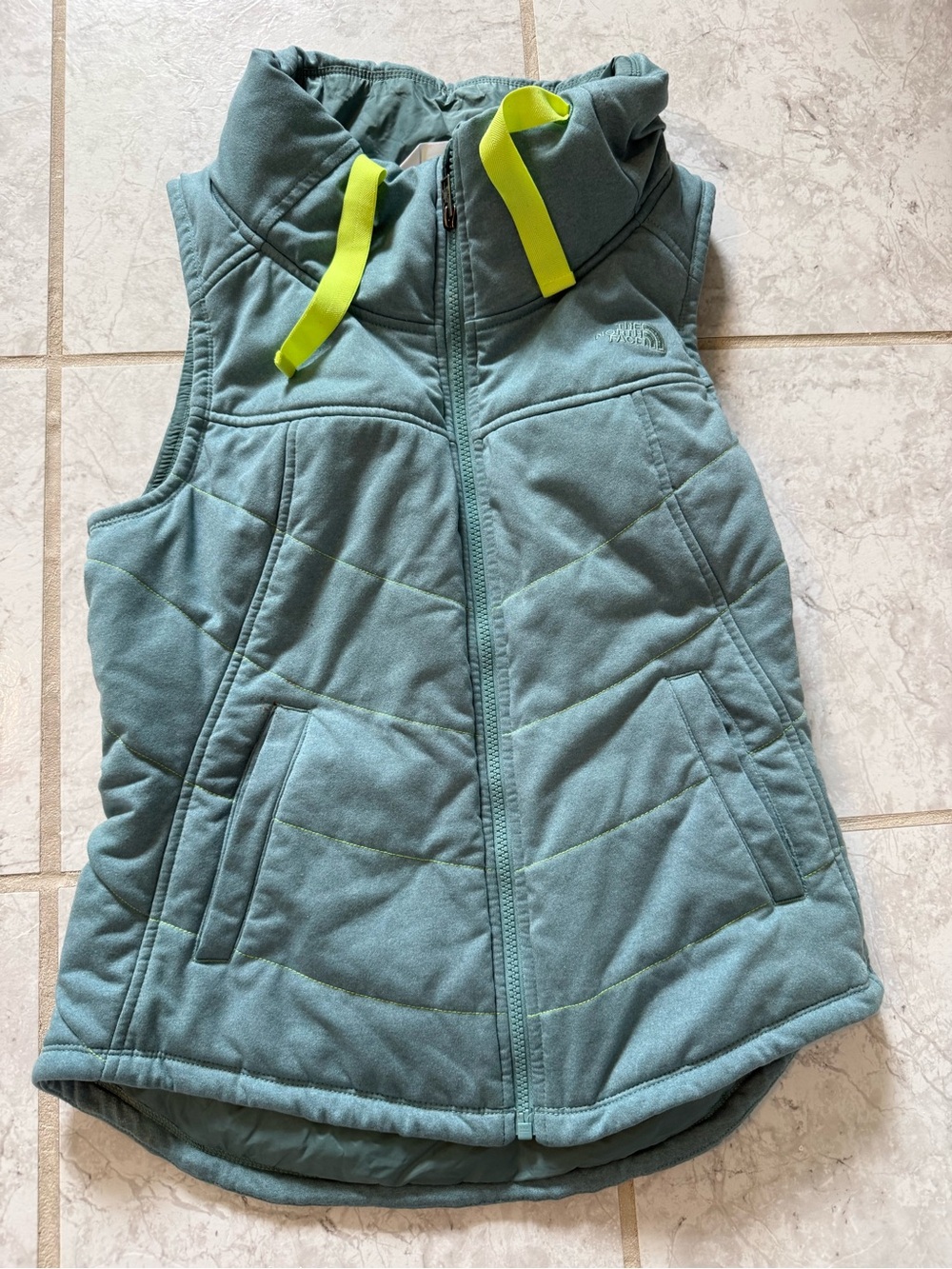 The North Face Teal Quilted Vest with Neon Yellow Drawcords